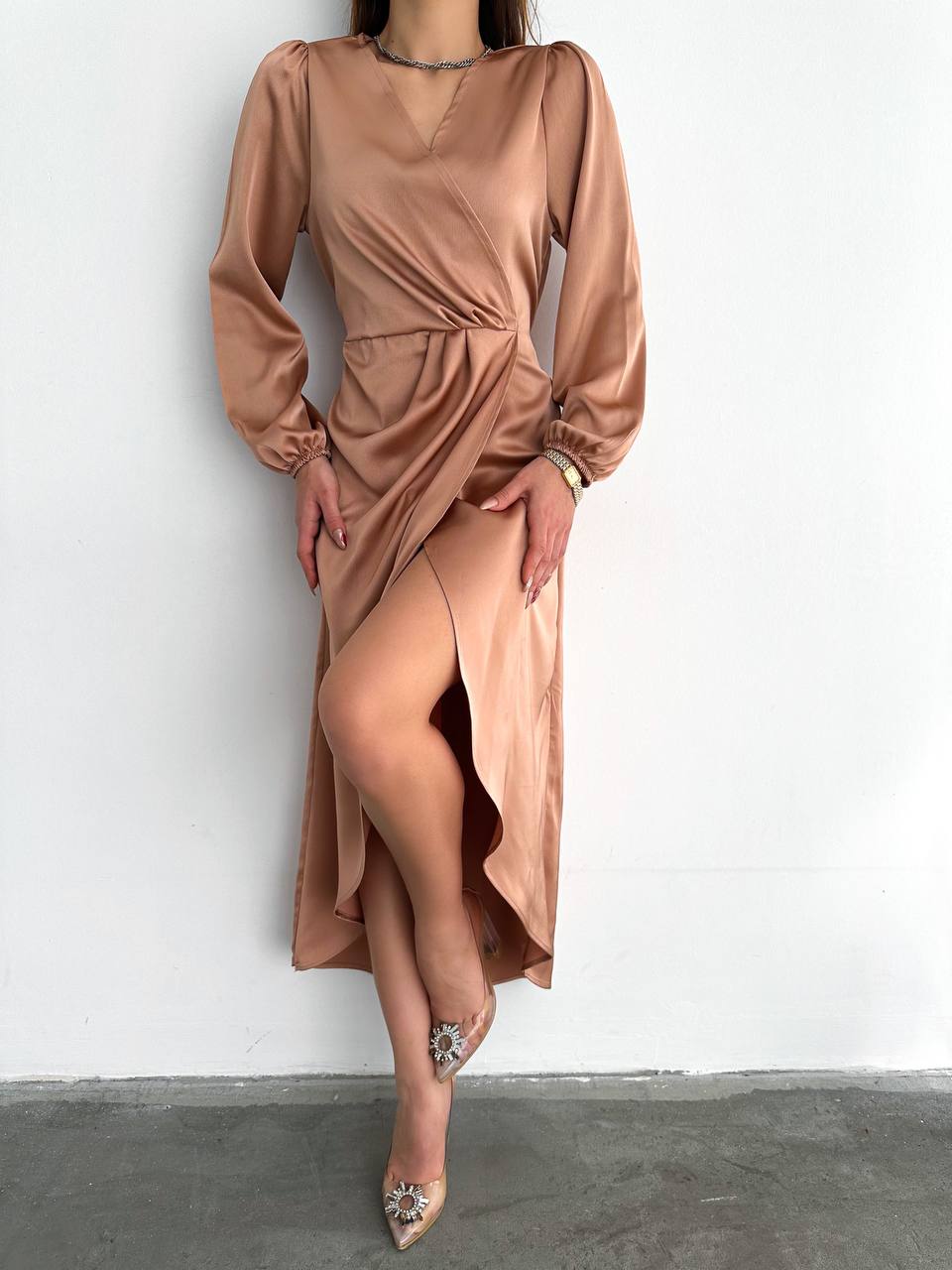 Saten Beli Pileli Elbise