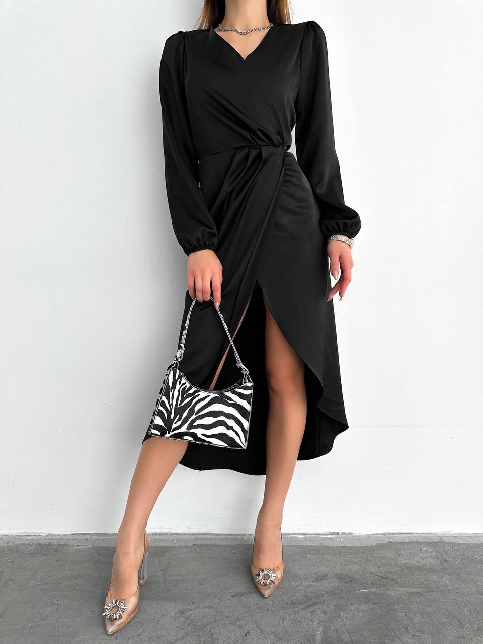 Saten Beli Pileli Elbise