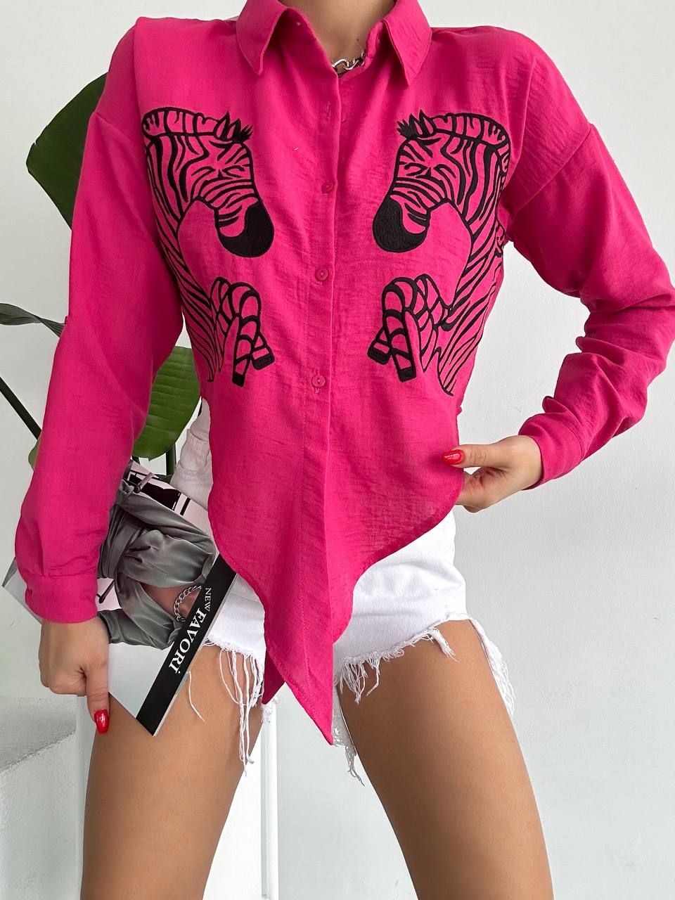 Keten Zebra Nakışlı Gömlek