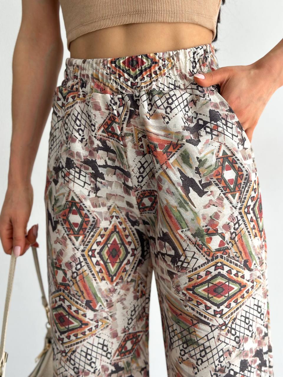 Desenli Keten Pantolon