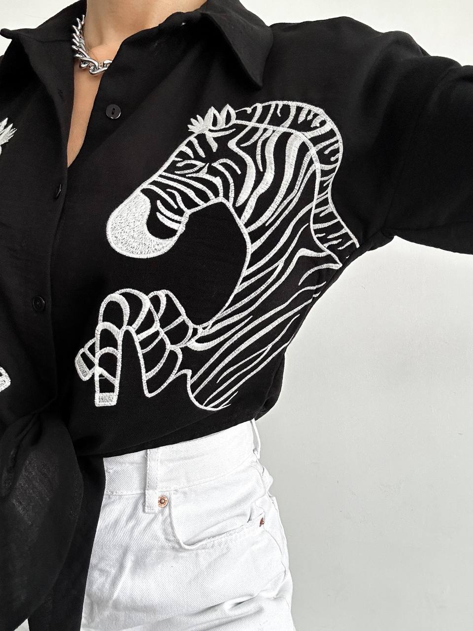 Keten Zebra Nakışlı Gömlek