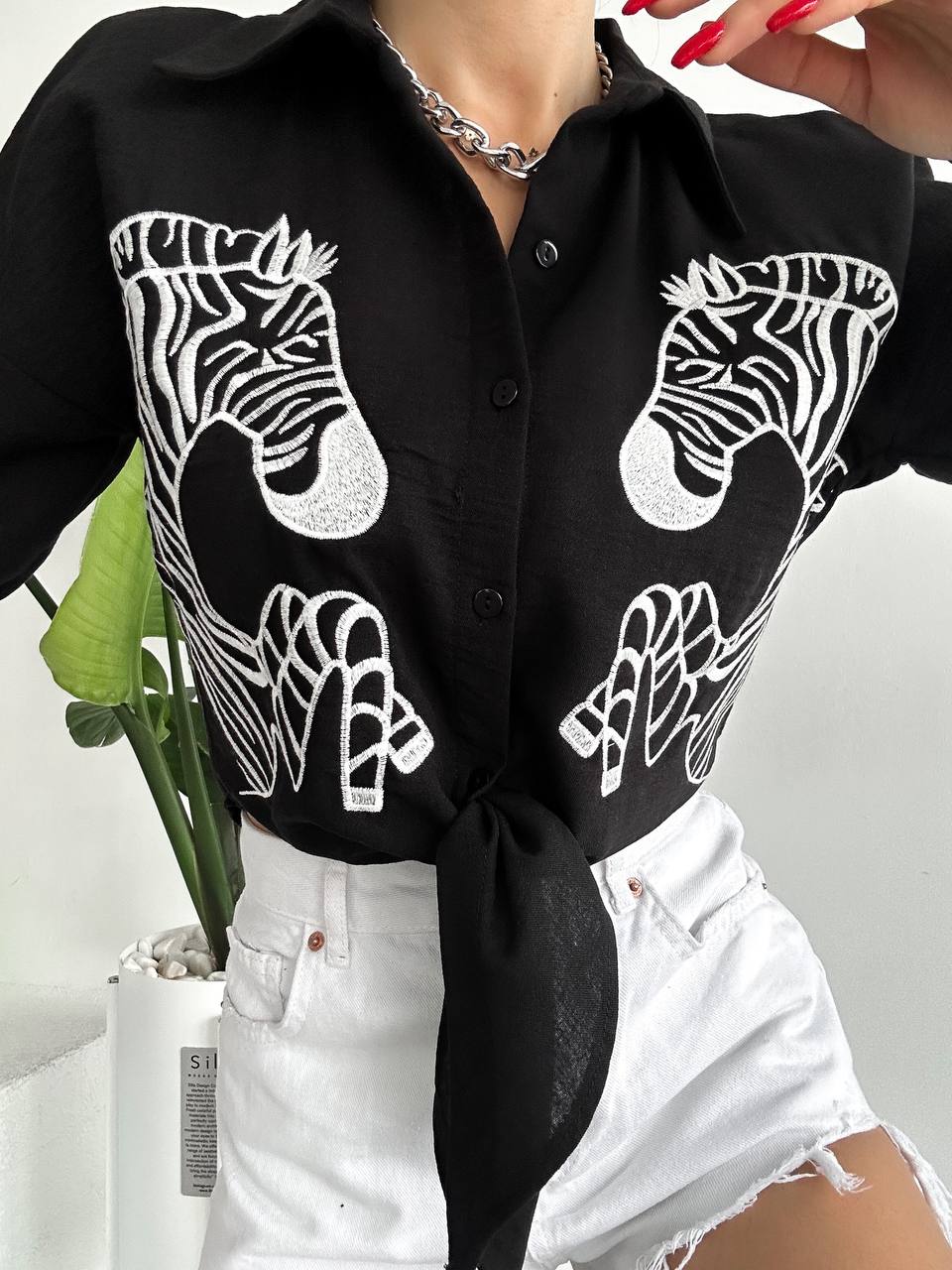 Keten Zebra Nakışlı Gömlek